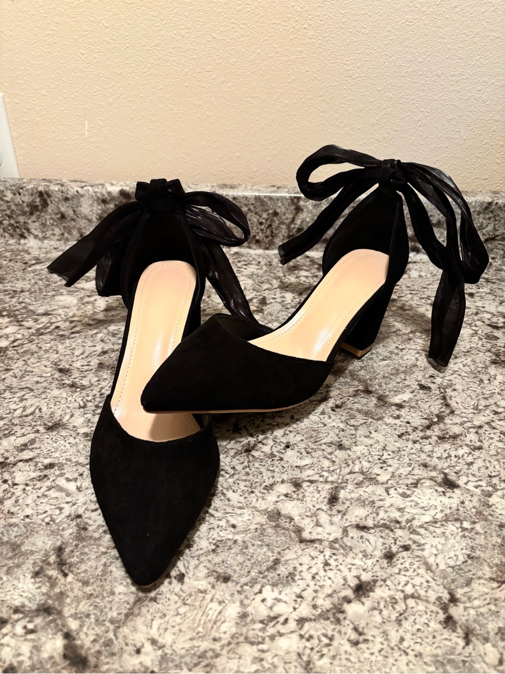 Black Pointed-Toe Ankle Tie Heels